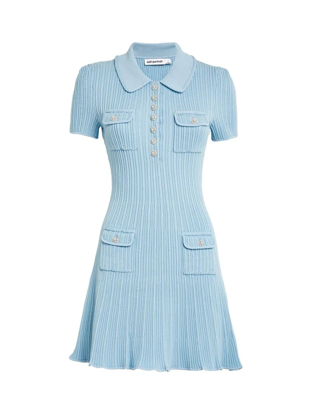 Self Portrait Exact Dupe Ribbed Knit Dress with Decorative Buttons - Light Blue